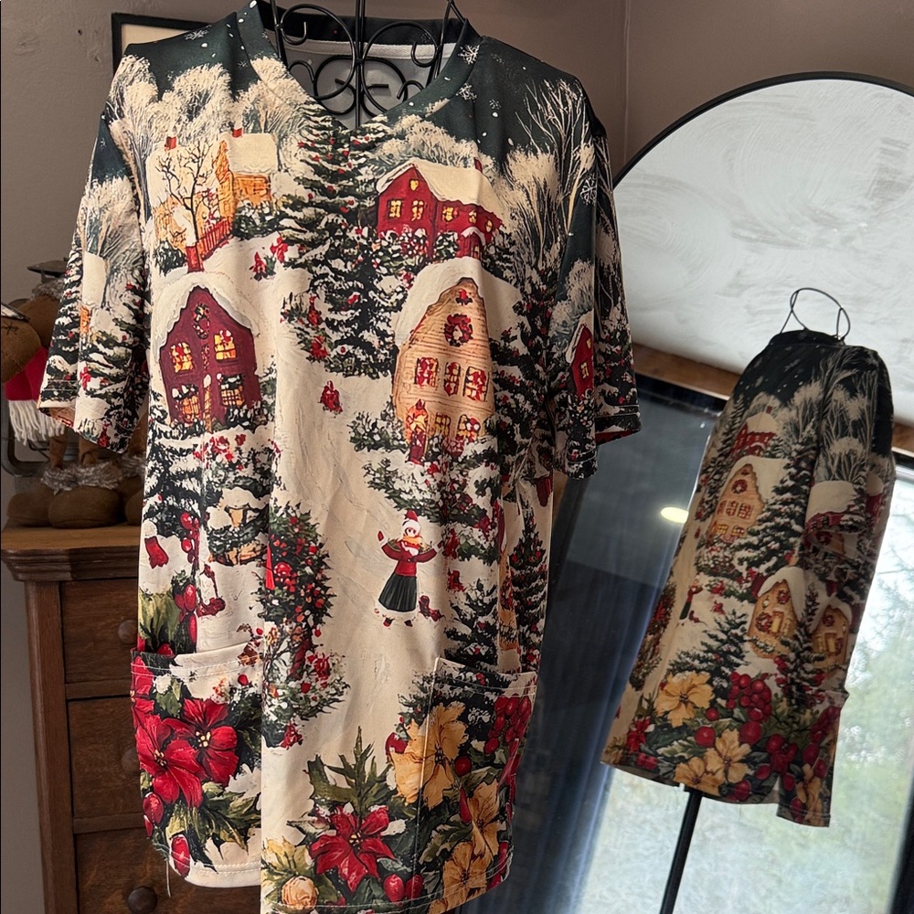Festive Holiday Print Women's Scrub Top
